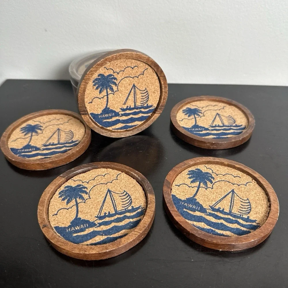 Vintage Souvenir Cork & Wood Coasters Hawaii Lot of 10 Round Beach Sailboat